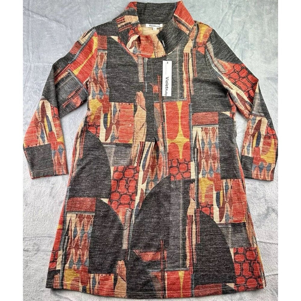 Violet Ruby Abstract Print Tunic Dress Women’s Sz‎ Large Grey/Bittersweet/Gold